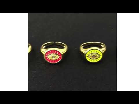 Copper Gold Enamel Dark Pink Evil Eye Free Size Adjustable Ring Bulk
