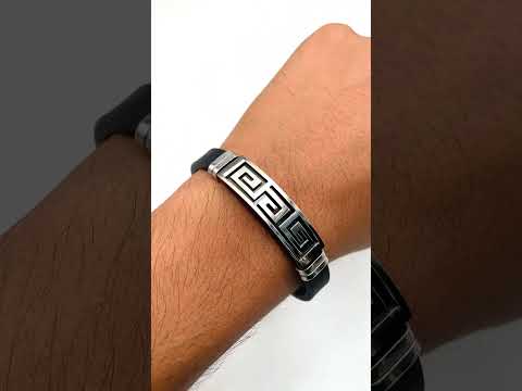 Silver Black Rubber Silicone Stainless Steel Wristband Bracelet Bulk