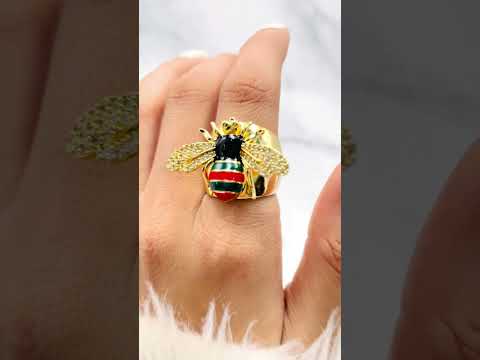 Honey Bee CZ Enamel Black 18K Gold Anti Tarnish Adjustable Ring Bulk
