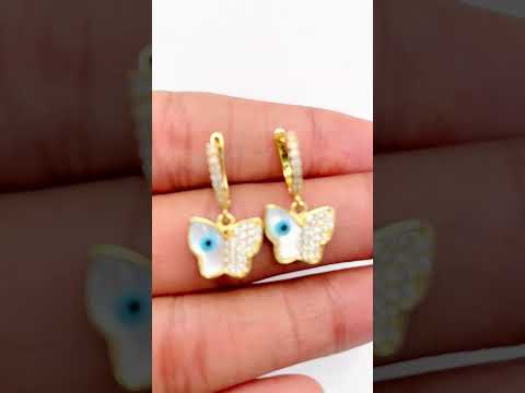 Butterfly Evil Eye Cubic Zirconia Mother Of Pearl 18K Gold Anti Tarnish Drop Hoop Earring For Women