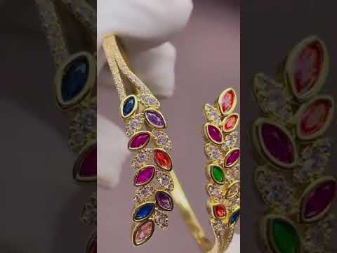 Floral Leaf Multi Color CZ 18K Gold Openable Kada Bangle Bulk