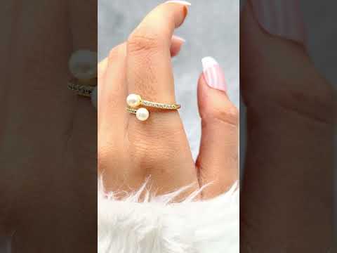Dual Pearl CZ White 18K Gold Anti Tarnish Adjustable Ring Bulk