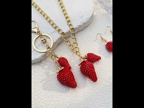 Luxury Strawberry Charm Gold Enamel Copper Necklace Earring Set Bulk