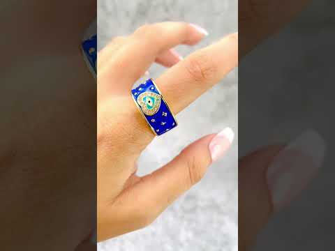 Heart Evil Eye Blue Gold American Diamond Enamel Adjustable Ring Bulk