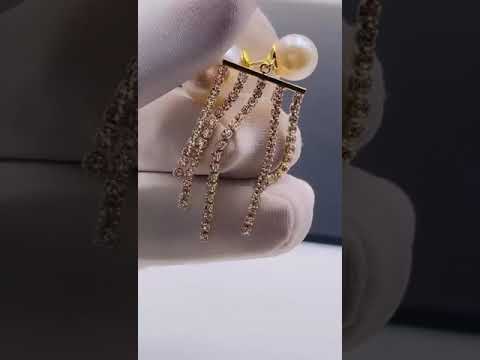Post Dual Pearl Dangling Tassel CZ Chain 18K Gold Earring Bulk