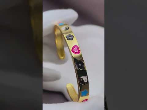 Ying Yang Love Peace Multi Color Enamel 18K Gold Cuff Kada Bangle for Women