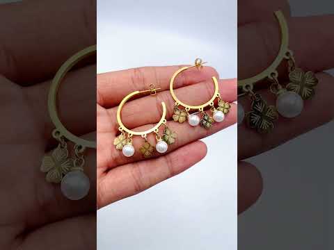 Clover Flower Pearl Stainless Steel White 18K Gold Anti Tarnish Hoop Earring For Women