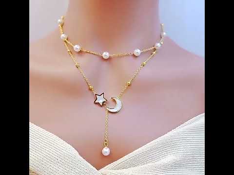 Crescent Star Pearl Mother Of Pearl White 18K Gold Stainless Steel Anti Tarnish Dual Layer Link Chain Y Necklace For Women