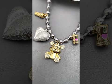 Two Tone Teddy Bear Heart Cubic Zirconia Silver 18K Gold Anti Tarnish Ball Chain Necklace For Women