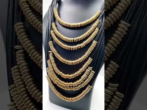 Italian Rings Multistrand 7 Layer Black Nylon Gold Statement Necklace