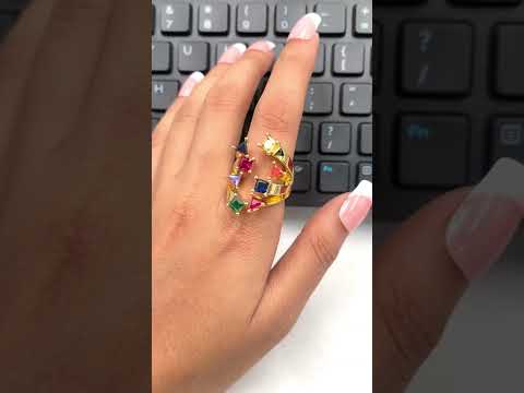 Geometric Share Gemstone Crystal CZ Multi Gold Anti Tarnish Ring Bulk