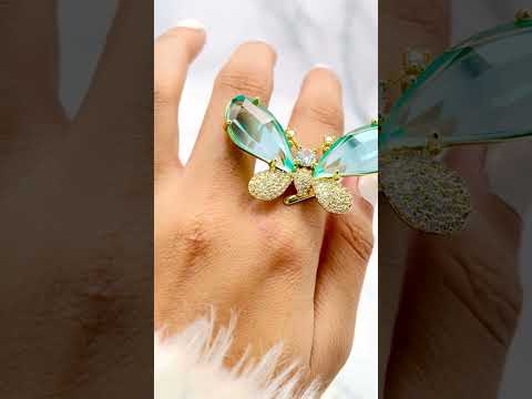Butterfly CZ Crystal Green 18K Gold Anti Tarnish Adjustable Ring Bulk