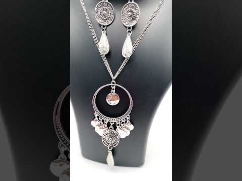 Silver Oxidised Afghani Bohemian Tribal Long Necklace Earring Set