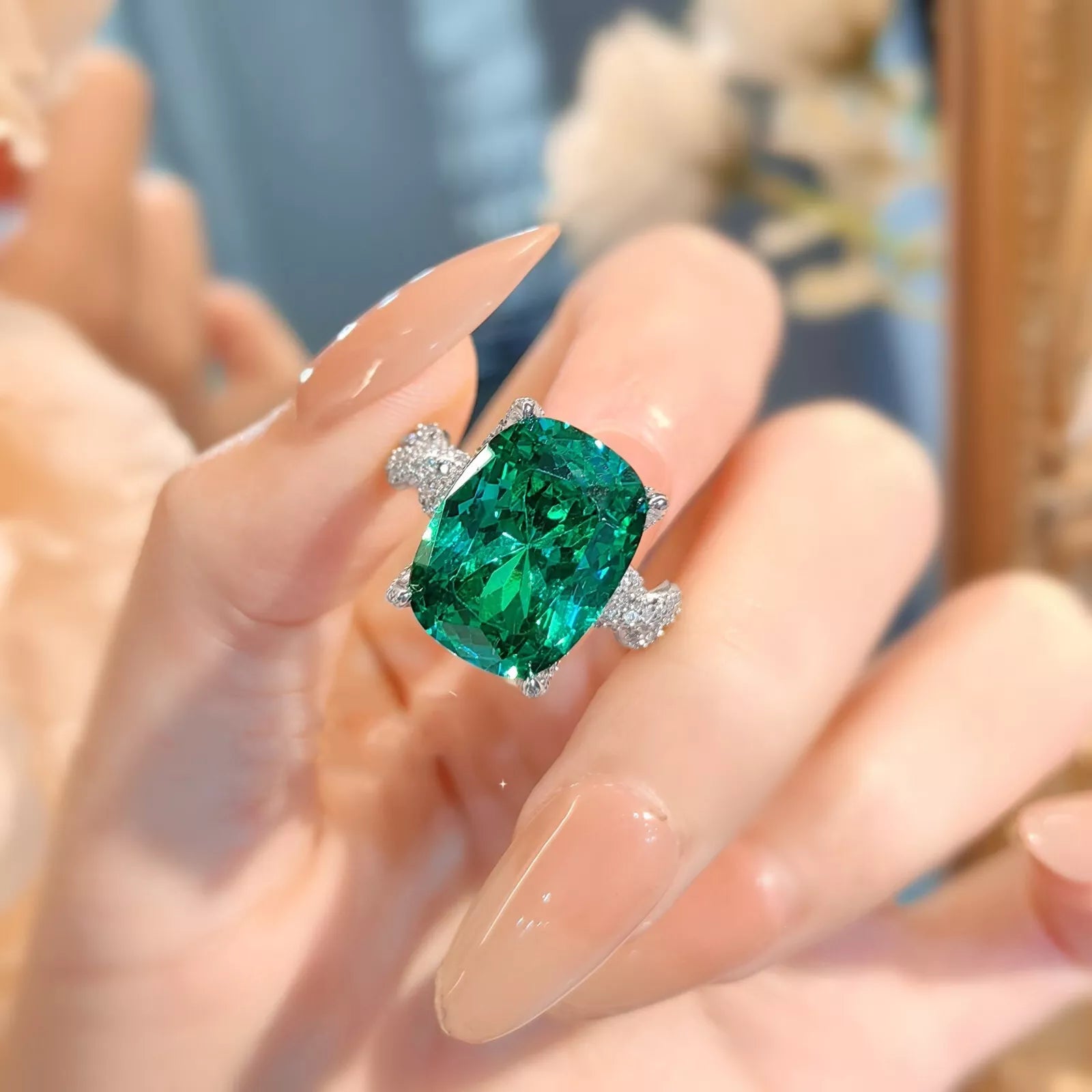 Blue Green Solitaire CZ Silver Anti Tarnish Free Size Ring Bulk