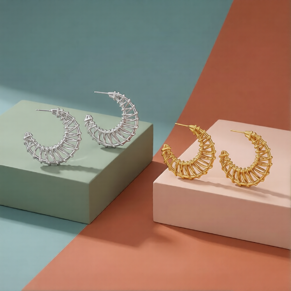 Designer Cage Wrap Gold Silver Anti Tarnish Copper Hoop Earrings Bulk Main image