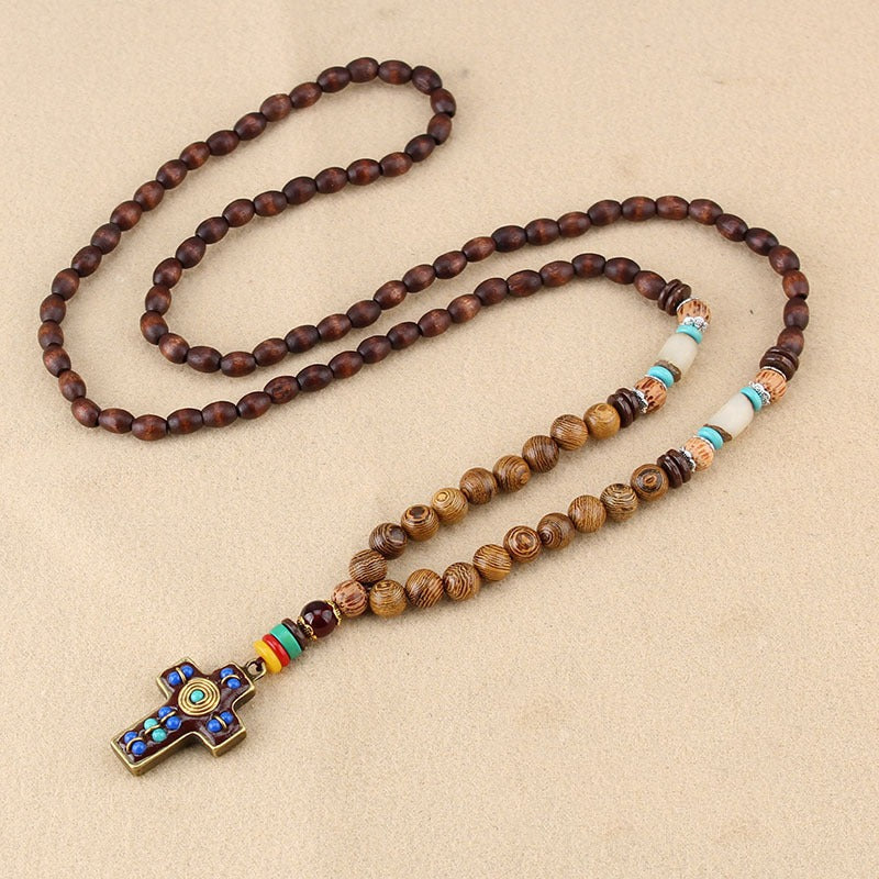 Jesus Cross Beads Wooden Brown Resin Long Necklace For Women Bulk