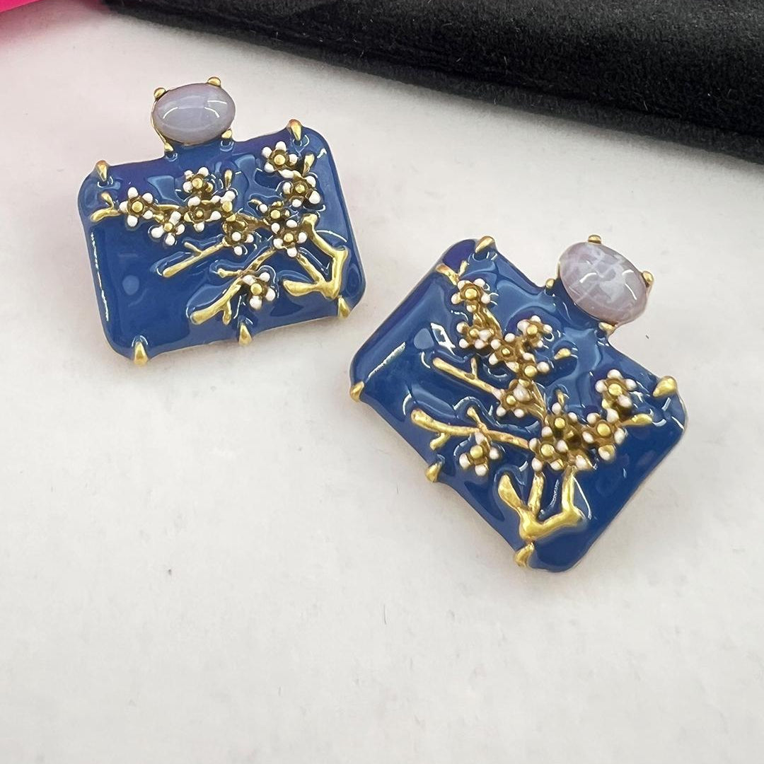 Blue Flower Gold Enamel  Anti Tarnish Copper Stud Earrings Women Bulk