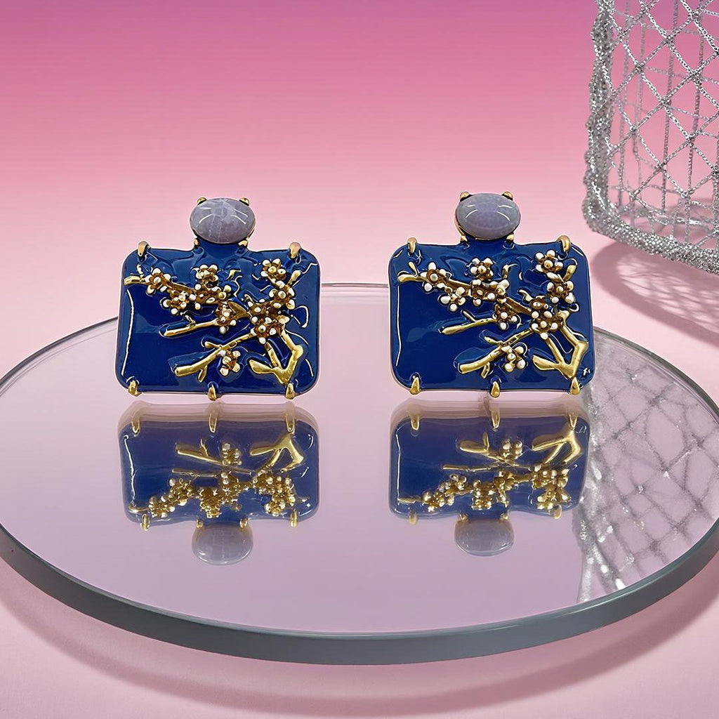 Blue Flower Gold Enamel  Anti Tarnish Copper Stud Earrings Women Bulk