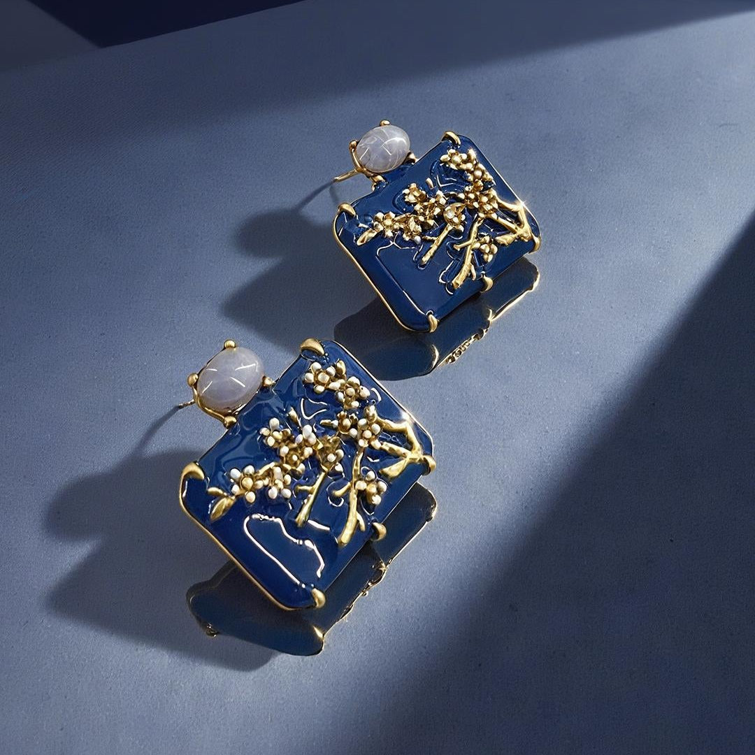 Blue Flower Gold Enamel  Anti Tarnish Copper Stud Earrings Women Bulk