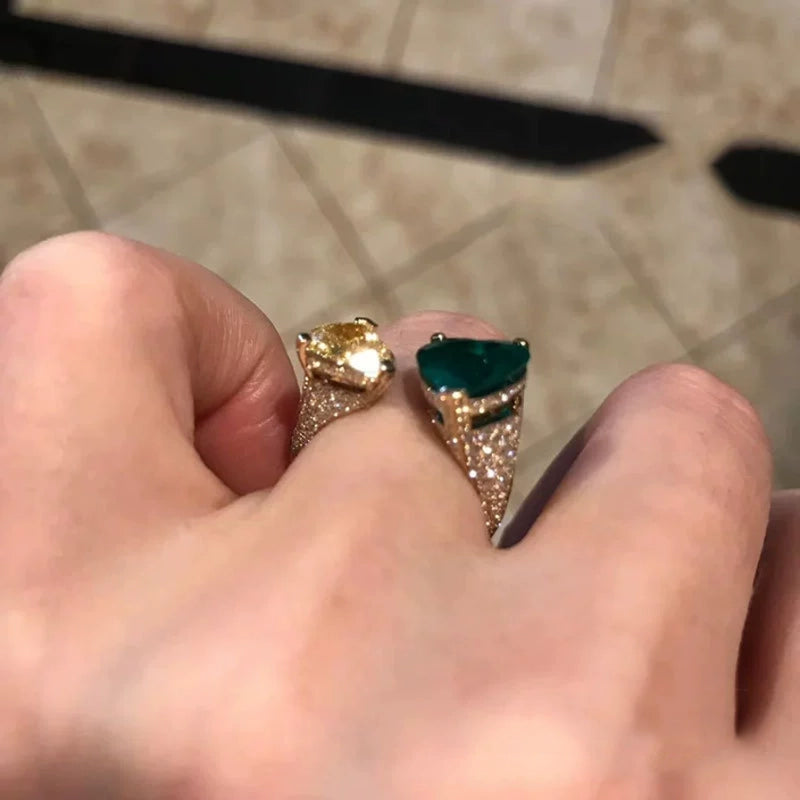 Dual Heart Emerald Gold Plated CZ Copper Anti Tarnish Fancy Ring Bulk
