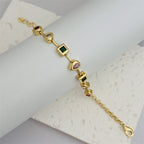 Wholesle Multi Color Heart Links & Chain Gold CZ Copper Bracelet