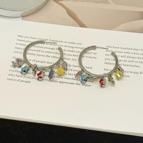Luxury Silver Multicolor CZ Crystal Charm Copper Hoop Earrings Bulk Secondary image