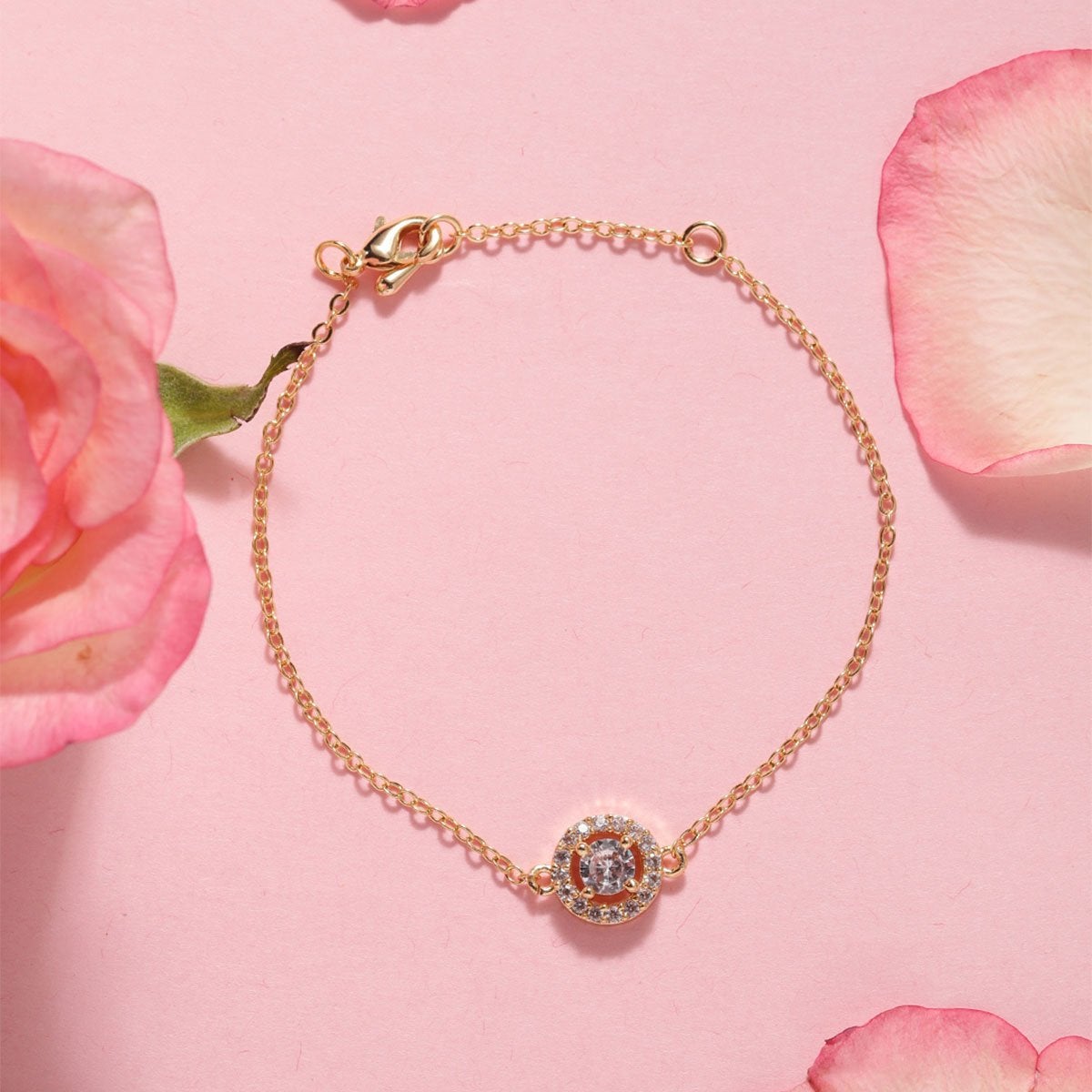 Brass 18K Rose Gold Round Crystal Halo Chain Bracelet For Women Bulk
