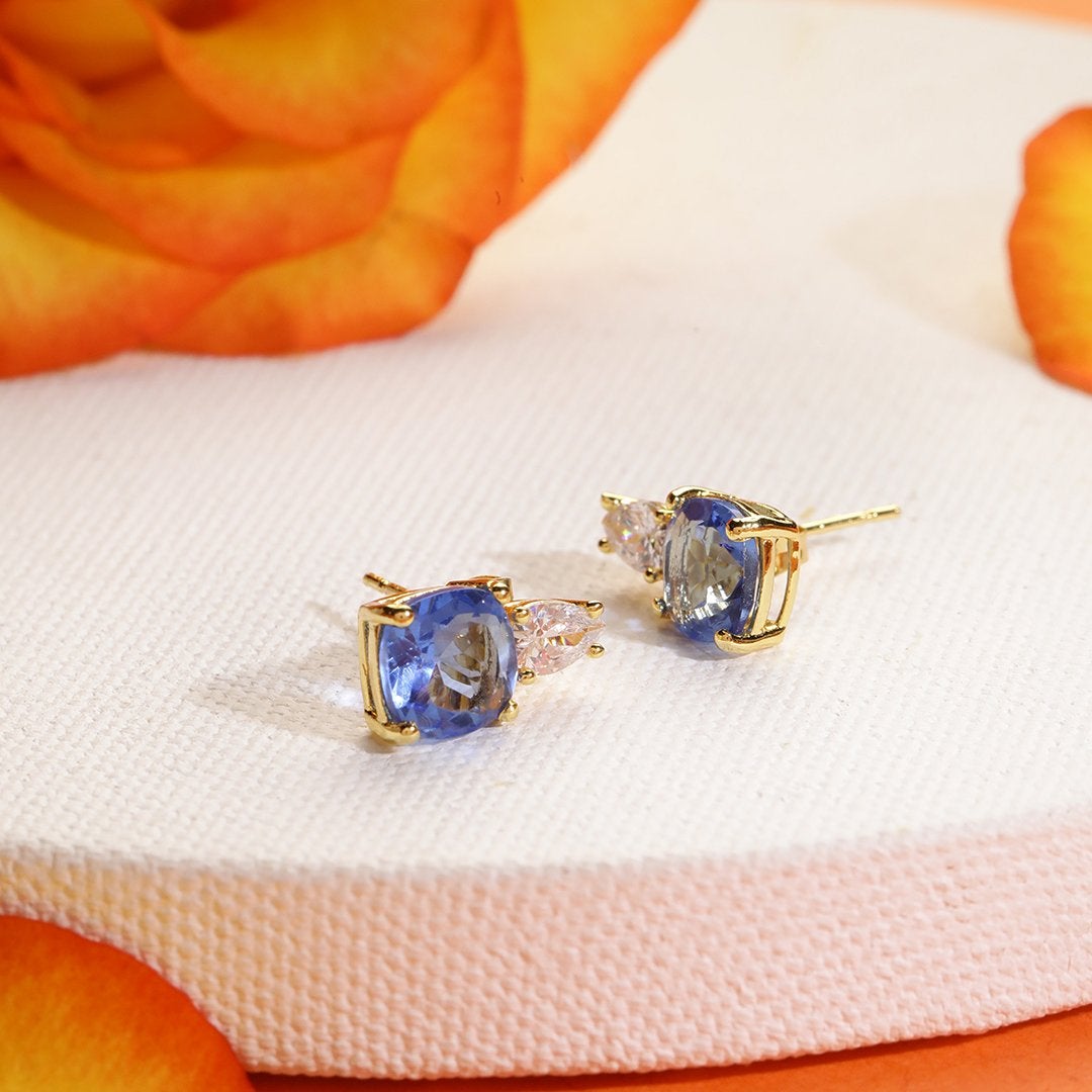 Brass 18K Gold Titanic Blue Crystal Studs Earring Pair For Women Bulk