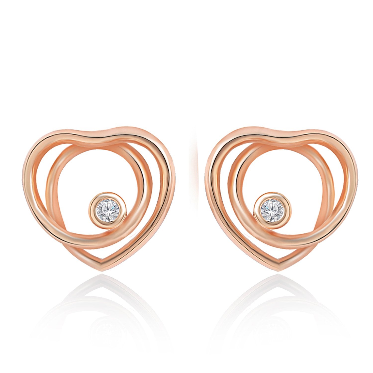 Brass 18K Rose Gold Heart Twirl Crystal Stud Earring Pair Women Bulk