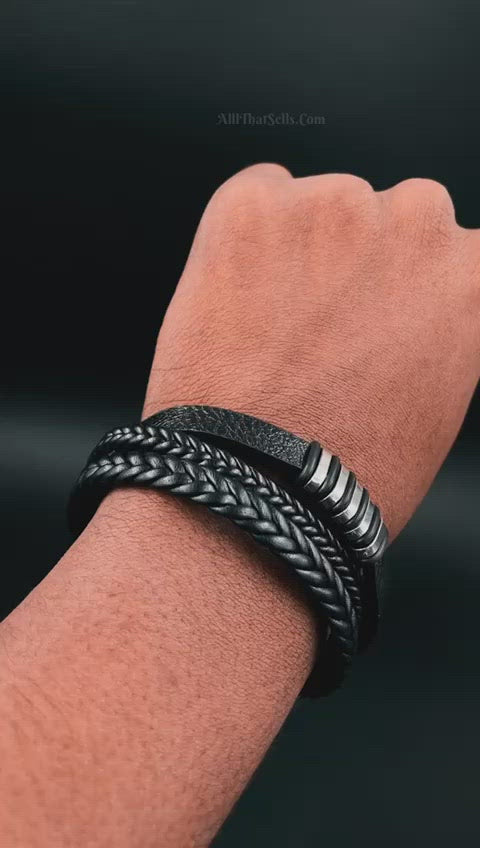 Layered Braided Black Leather Stainless Steel Magnetic Clasp Bracelet For Men