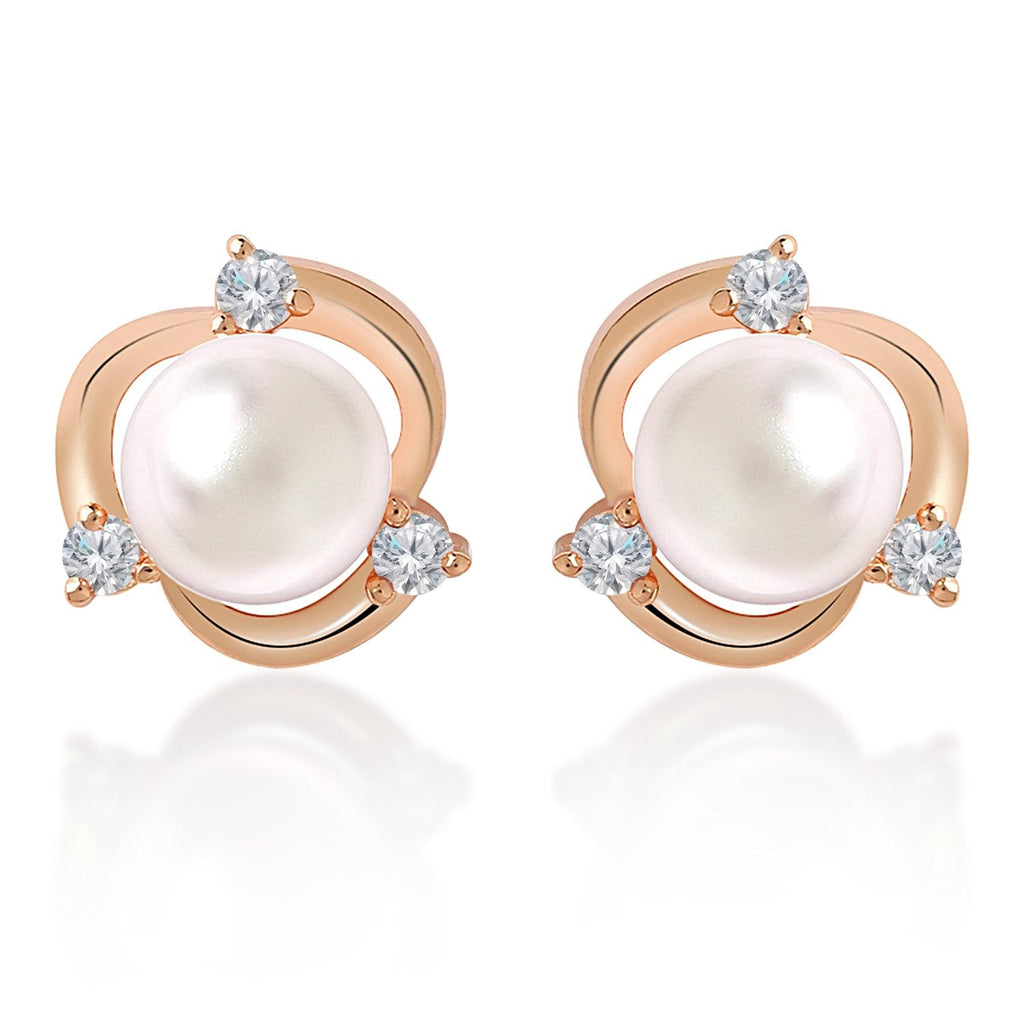 Brass 18K Rose Gold Floral Pearl Studs Earring Pair For Women Bulk