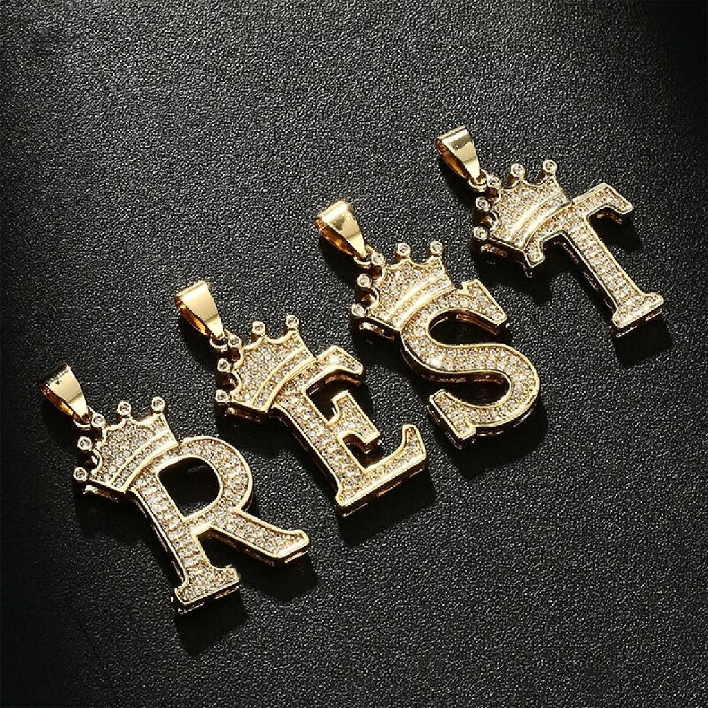 Crown Alphabet Letter A Gold CZ Copper Pendant Charm Bulk