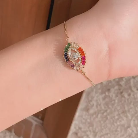 Rainbow Turkish Evil Eye Baguette Gold CZ Slider Bracelet Bulk