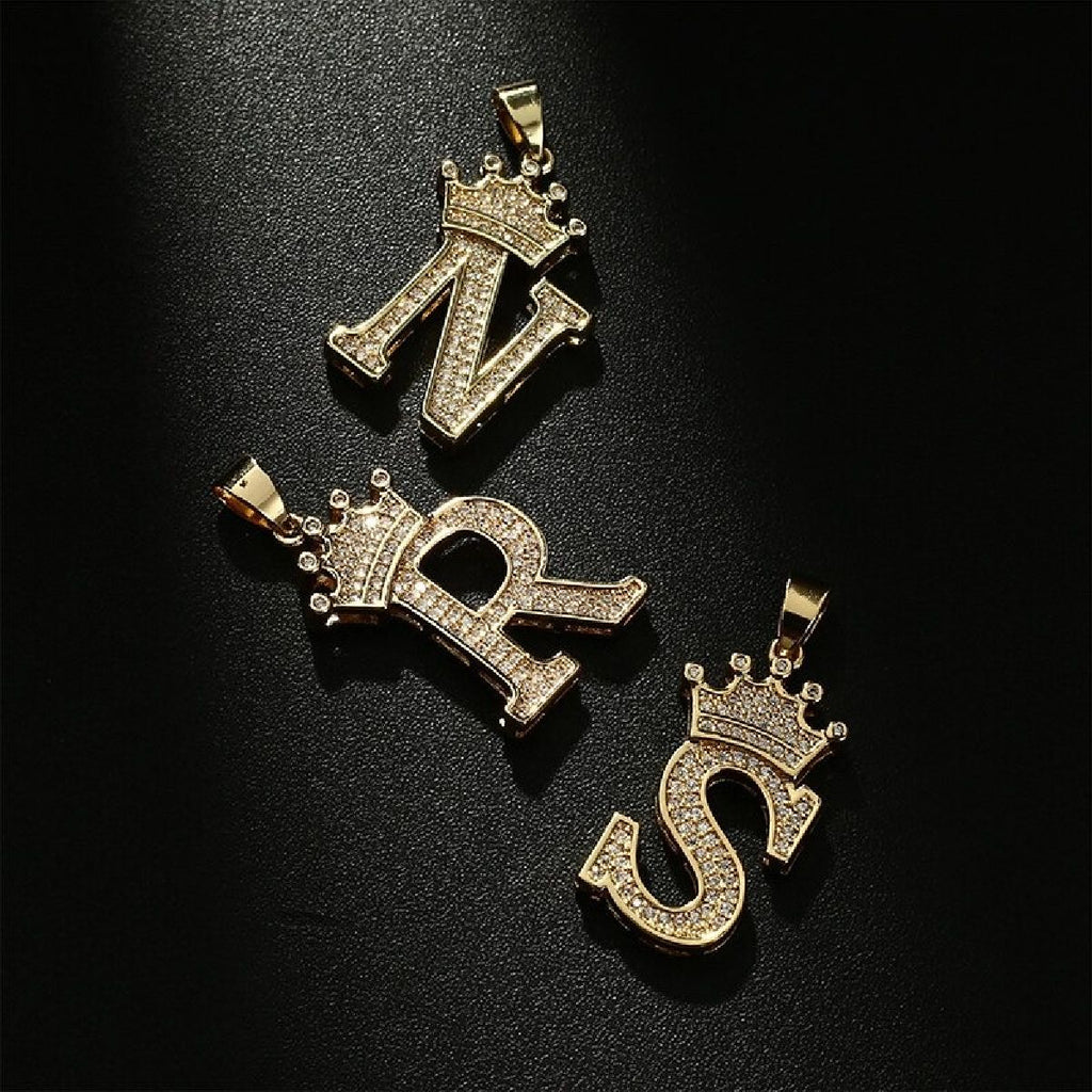 Crown Alphabet Letter A Gold CZ Copper Pendant Charm Bulk