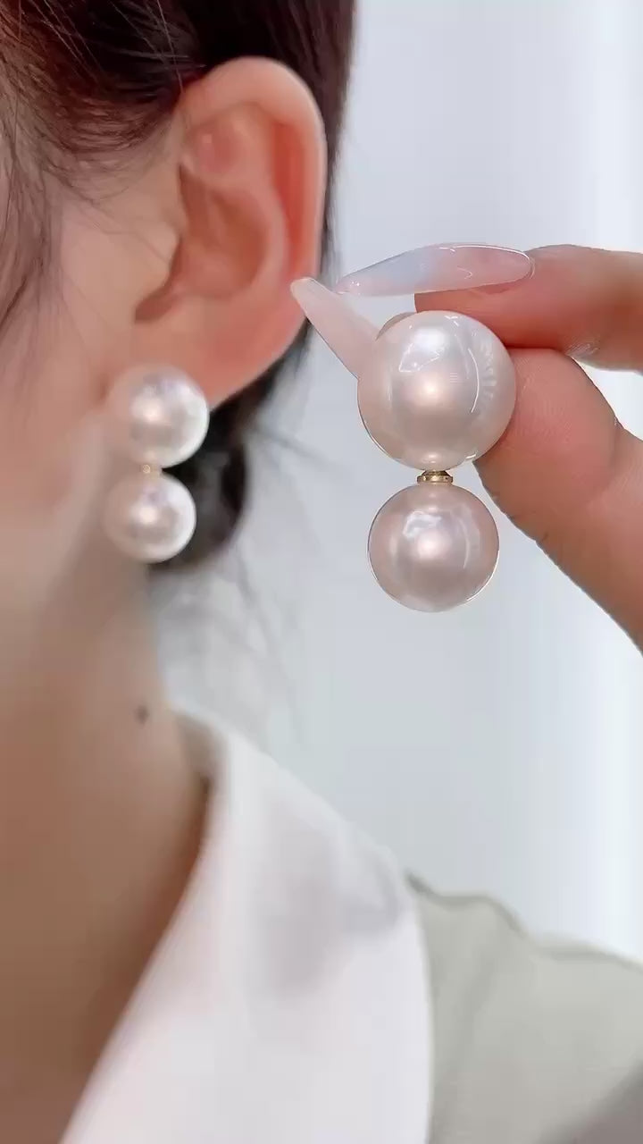 Dual Pearl 25Mm 14Mm Silver Dangling Stud Earring Pair For Women Bulk