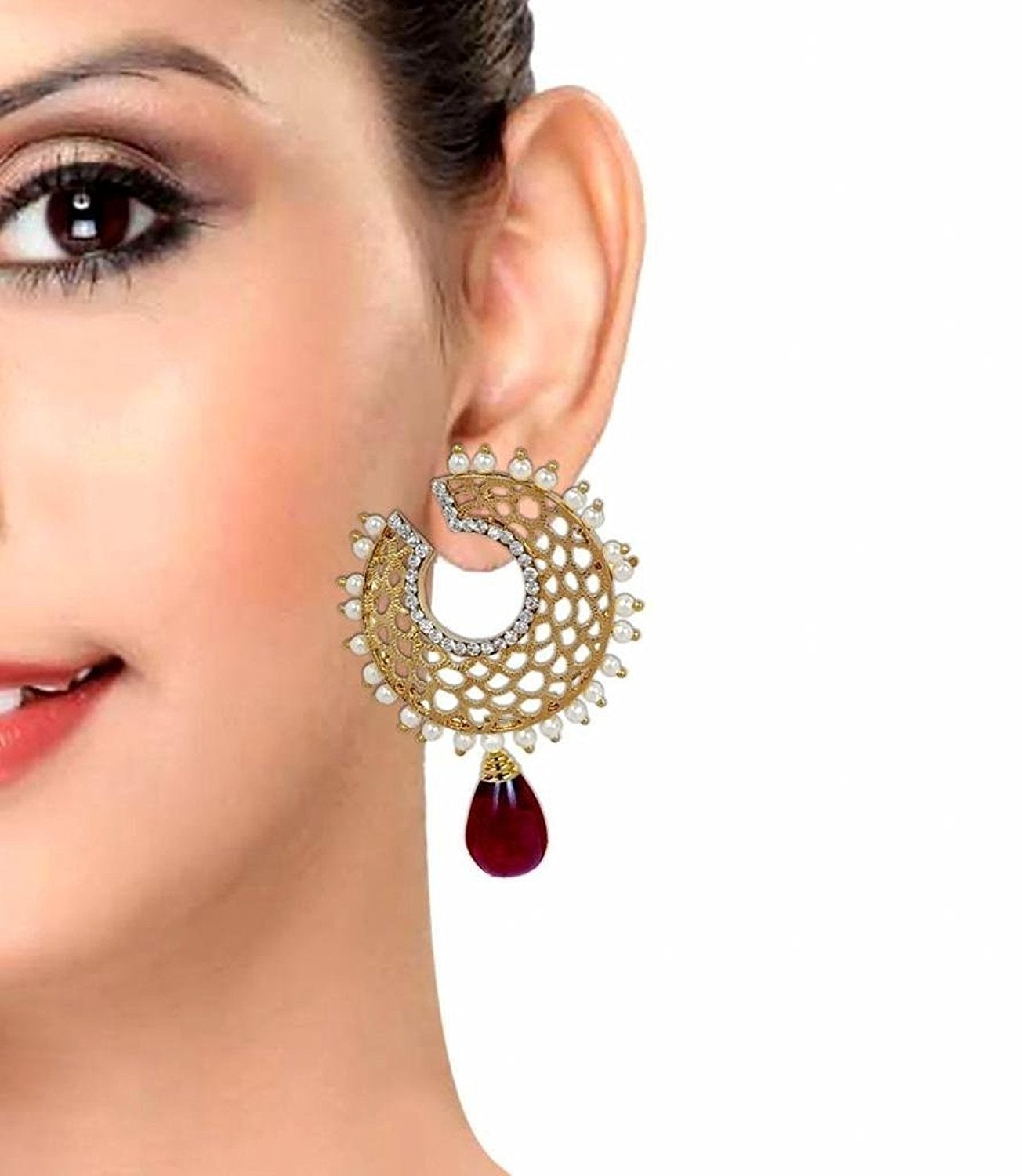 Filigree Chaand Gold Plated Garnet Maroon Drop Earring For Women Bulk Secondary image
