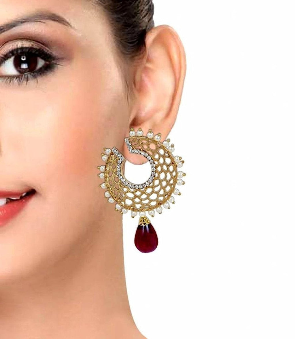 Filigree Chaand Gold Plated Garnet Maroon Drop Earring For Women Bulk