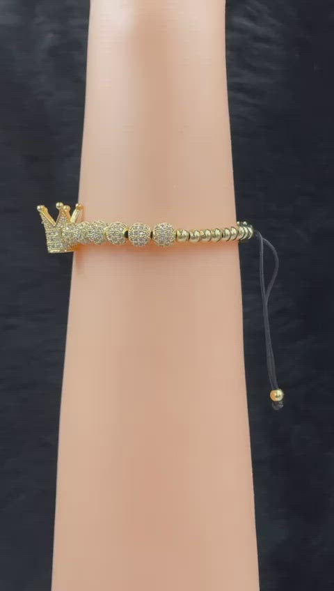 Crown CZ Beads Ball Gold Copper Threads Adjustable Bracelet Bulk