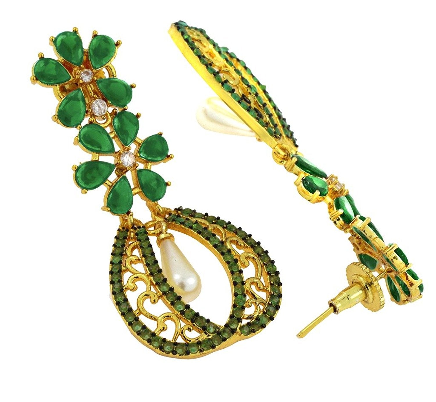 Kundan Flower Filigree Antique Green 18K Gold Dangler Earring Bulk