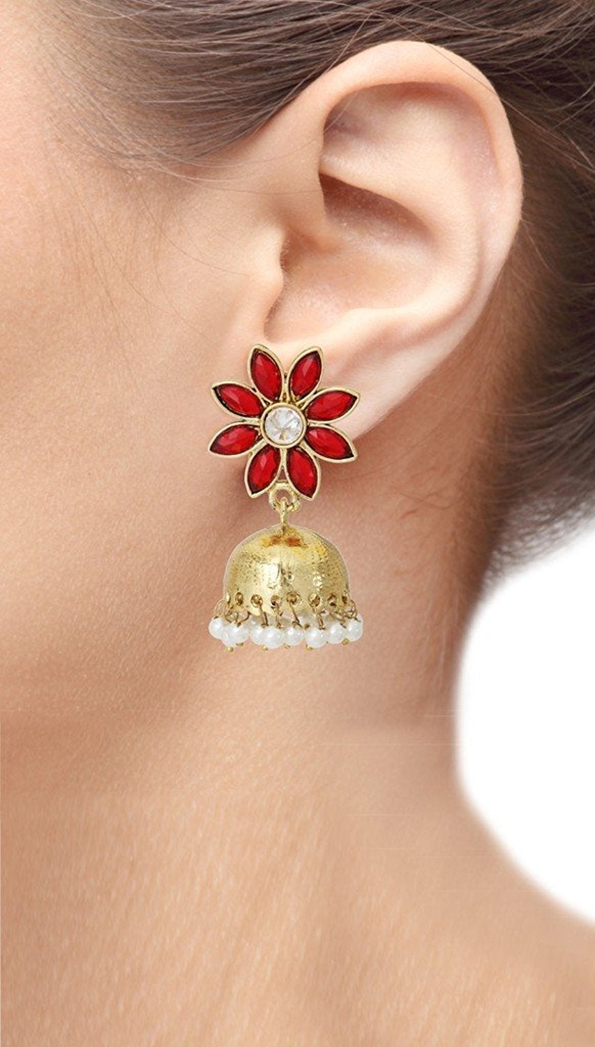 Red Floral 22K Gold Plated Jhumki Earring For Women Bulk