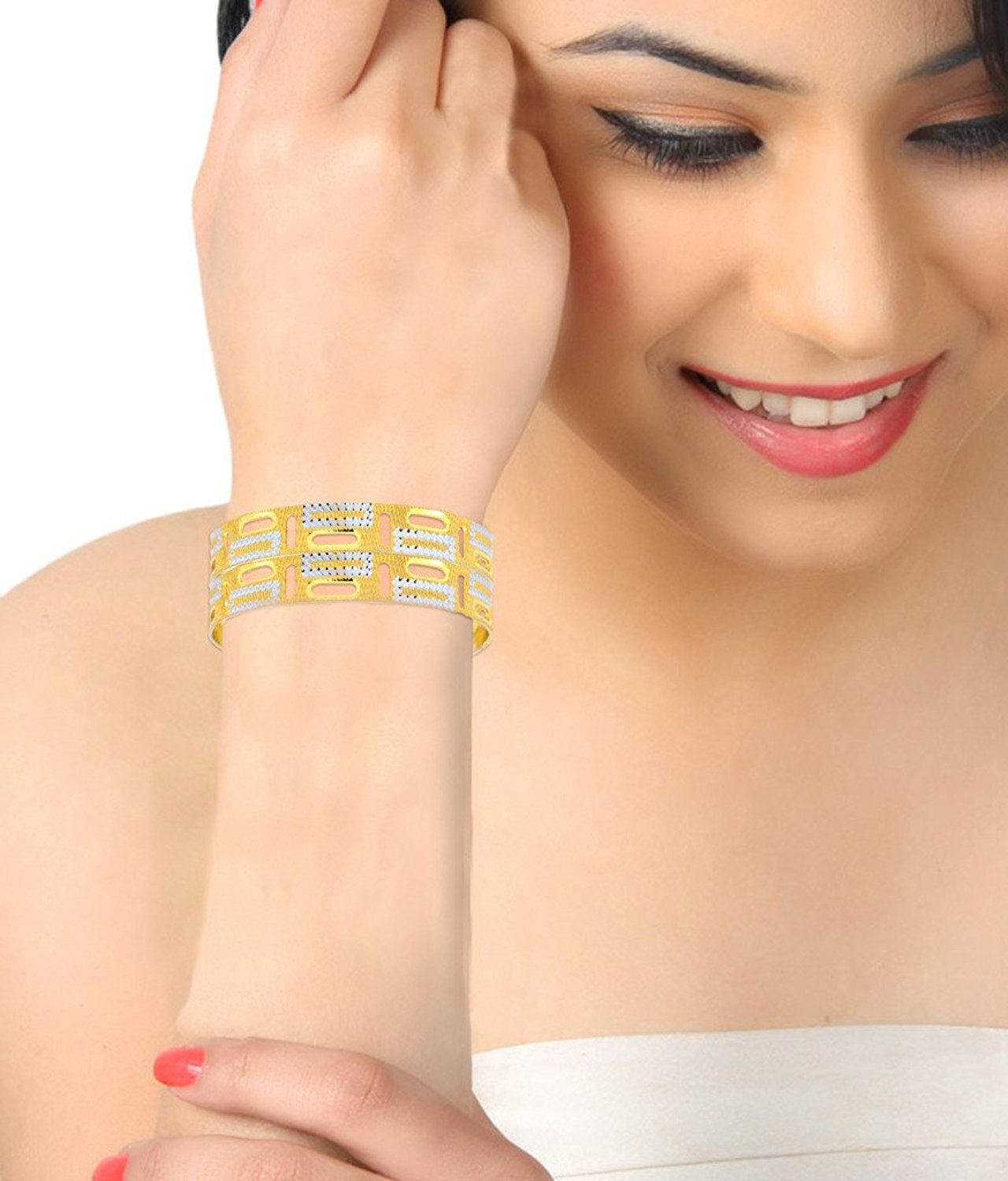 Wedding Designer 22K Gold Silver Metal Chuda Kada Bangle Set Of 2 Bulk