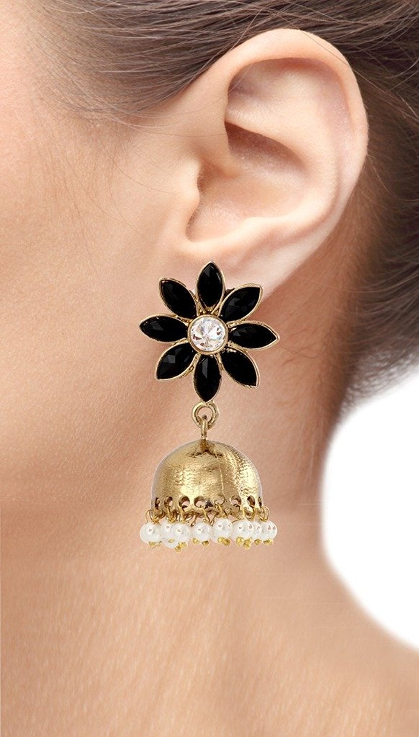 Cute Flower 18K Gold Spinel Black Pearl Jhumki Earring For Women Bulk