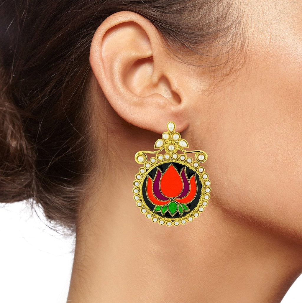 Statement Large Lotus Flower Pink Green Orange Black Stud Earring