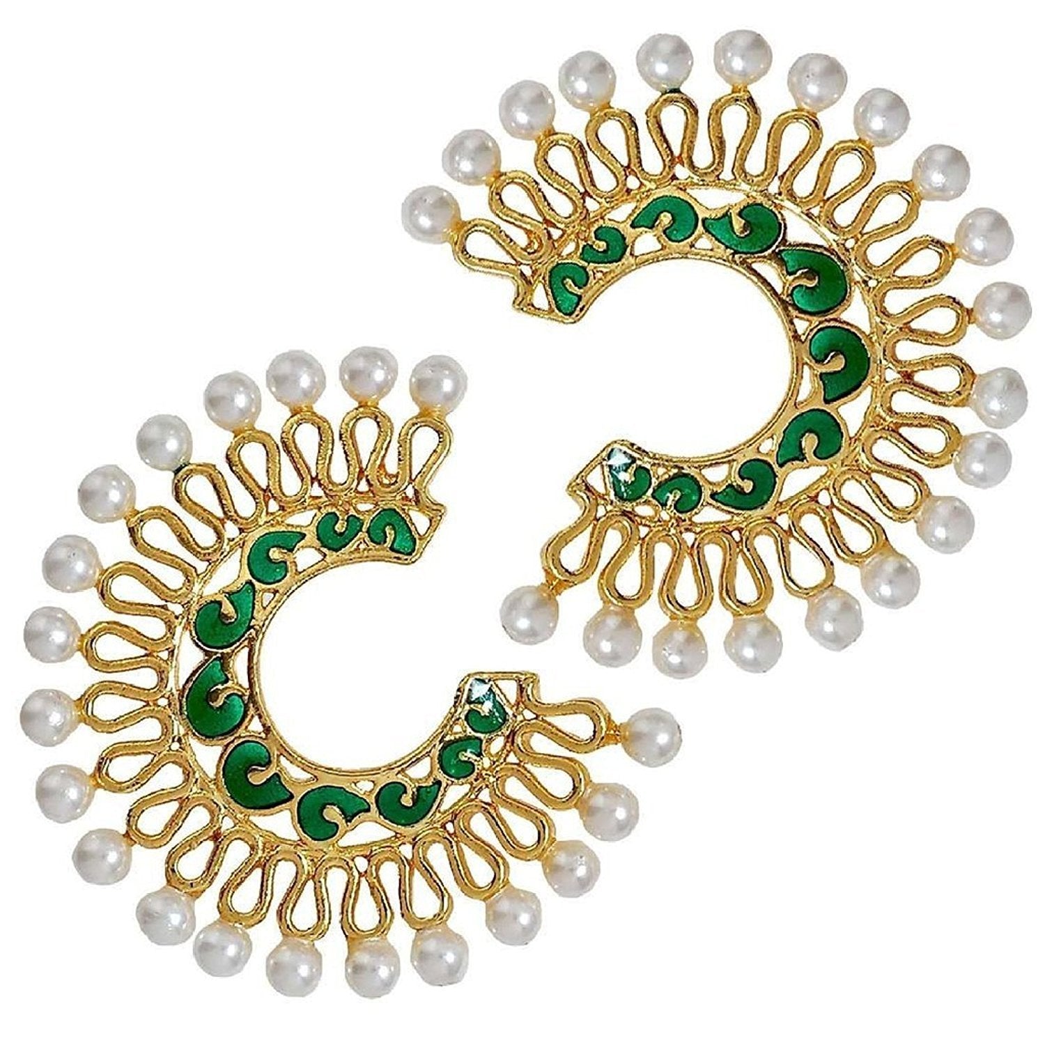 Chaand Bali Filigree Gold Green Meenakari Pearl Earring For Women Main image