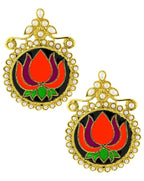 Statement Large Lotus Flower Pink Green Orange Black Stud Earring