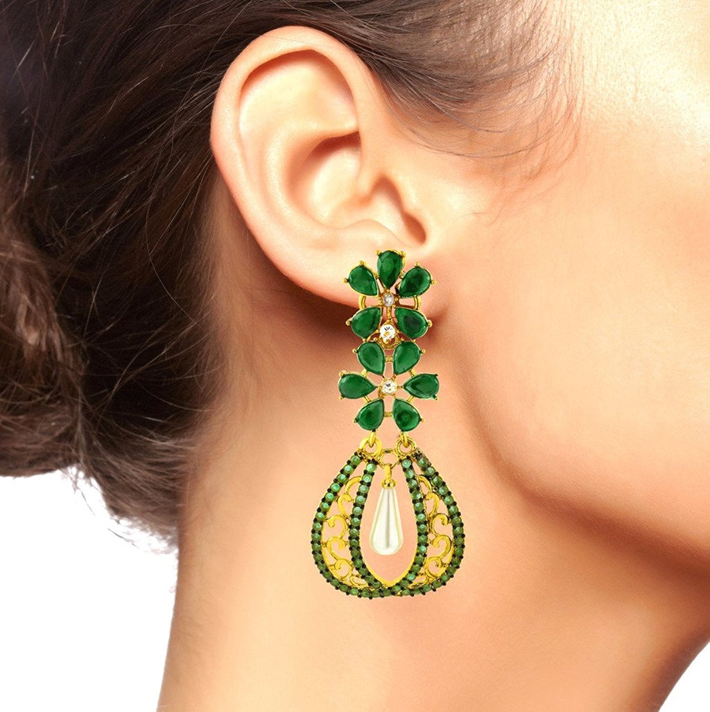 Kundan Flower Filigree Antique Green 18K Gold Dangler Earring Bulk