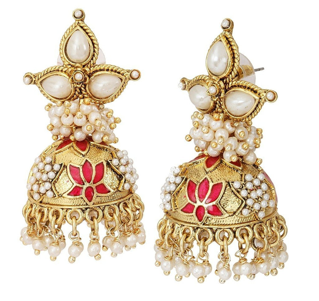 Red Meenakari Lotus Pearl Jhumki Earring For Women Bulk