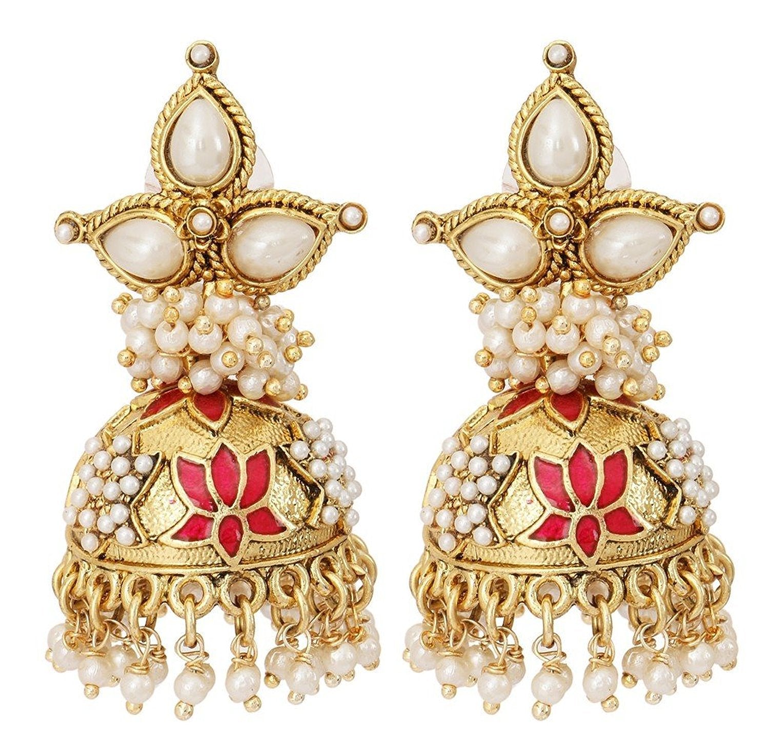 Red Meenakari Lotus Pearl Jhumki Earring For Women Bulk Main image