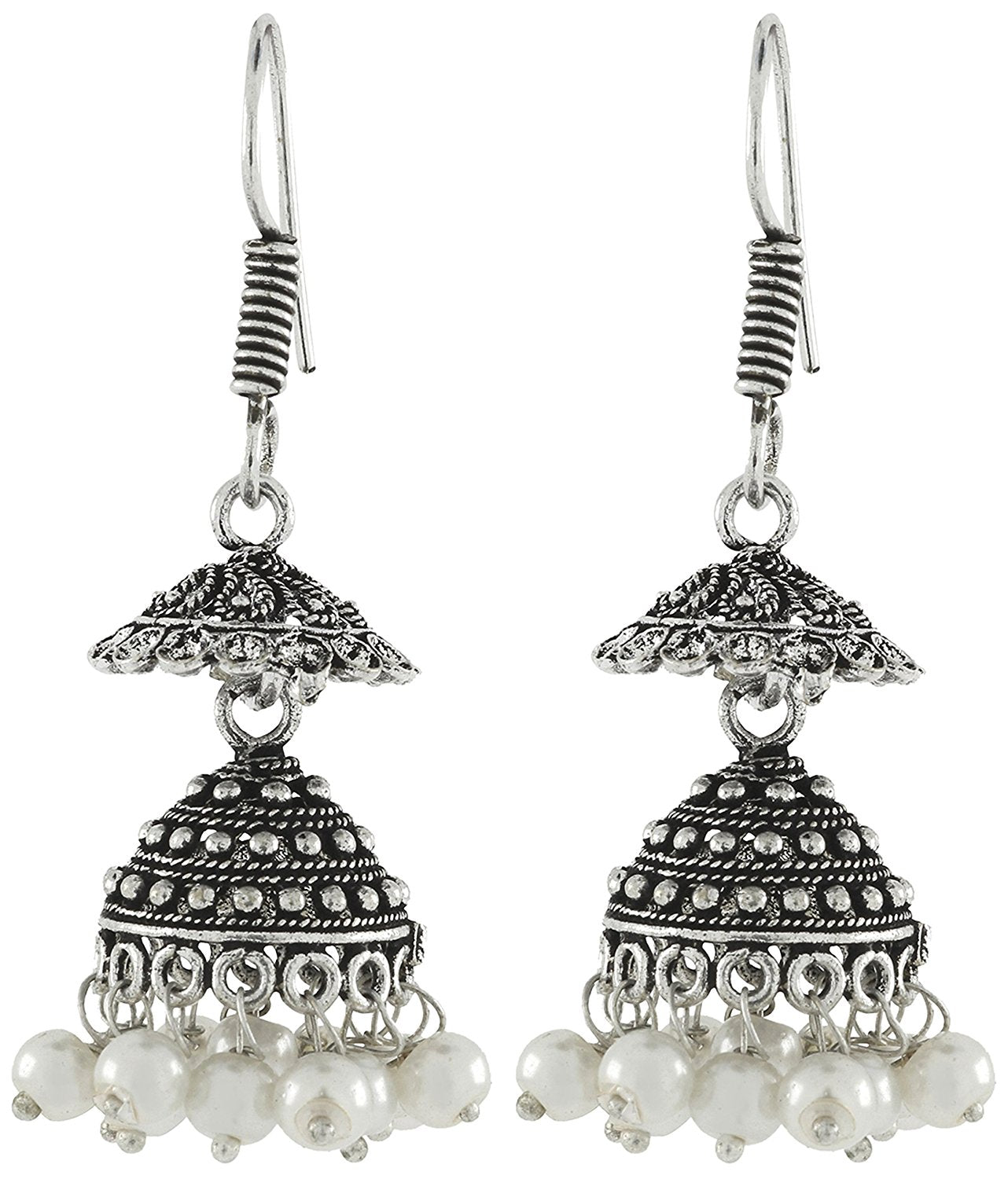 Tribal Bohemian Pearl Oxidized German Silver Plated Bass Necklace Earring Combo For Women