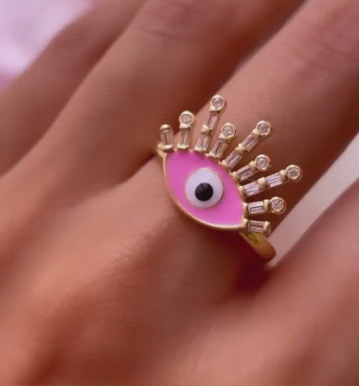 Eyelash Evil Eye Copper CZ Enamel Gold Pink Adjustable Ring Bulk
